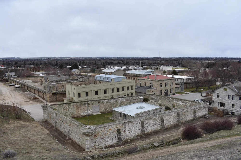 Historic sandstone buildings at the Old Idaho Penitentiary in Boise